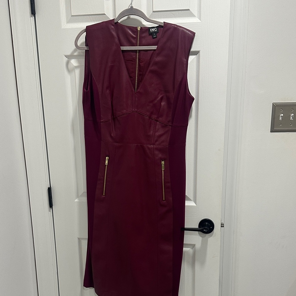 INC deep red/ burgundy leather like Midi Dress with Gold zipper Accents